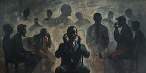 A psychologist surrounded by representations of psychological theories, illustrating the diverse influences of postmodernism in psychology.