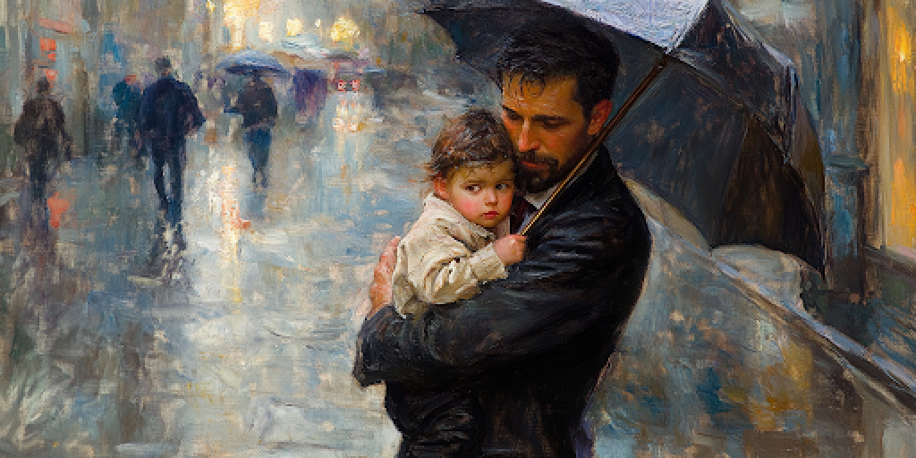 A father protects his child in adversity, reflecting the resilience and sacrificial love of fatherhood.