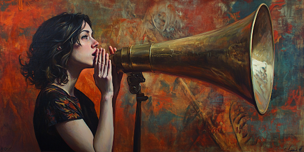 A woman’s prayer is spoken through a megaphone, illustrating misinterpretation of women and the Church.