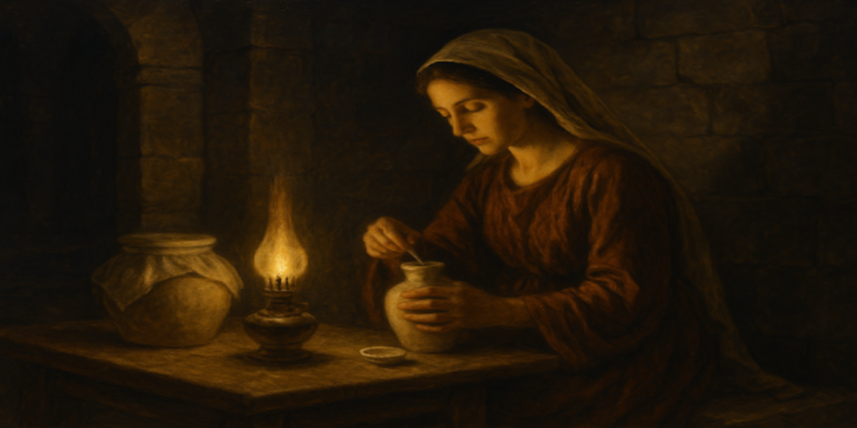 A woman prepares sacred burial oil, foreshadowing Christ’s sacrifice in a Christ-centered Easter reflection.